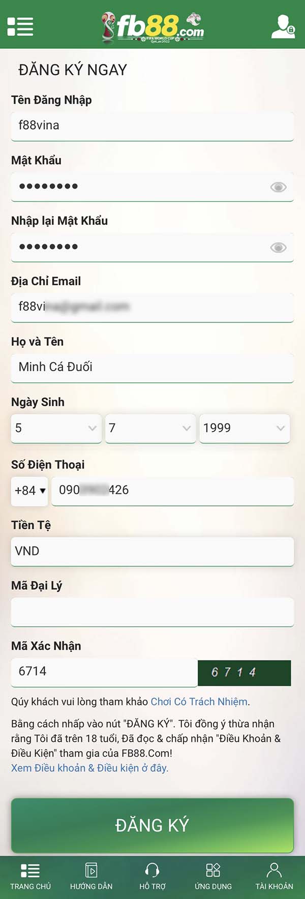Điền thông tin Đăng ký Fb88